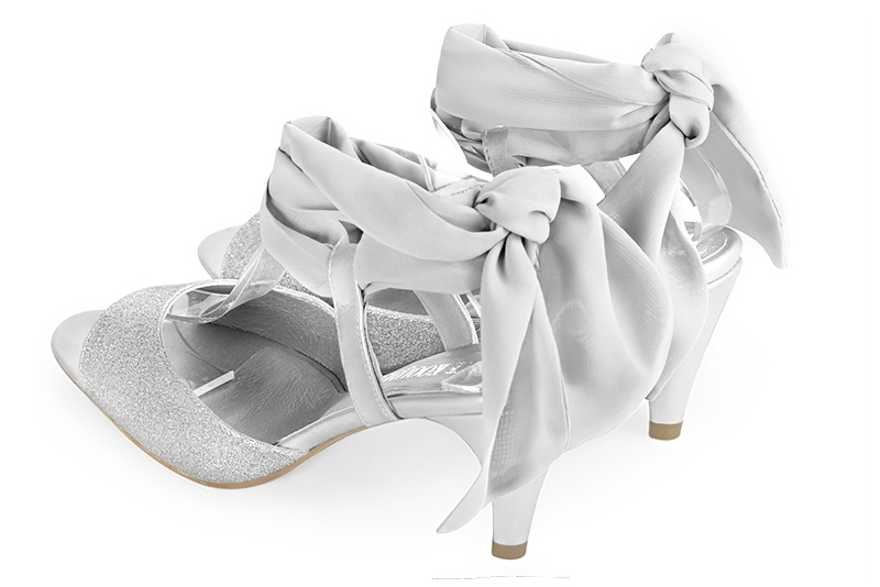 Light silver and pearl grey women's open back sandals, with a scarf around the ankle. Round toe. High slim heel. Rear view - Florence KOOIJMAN
